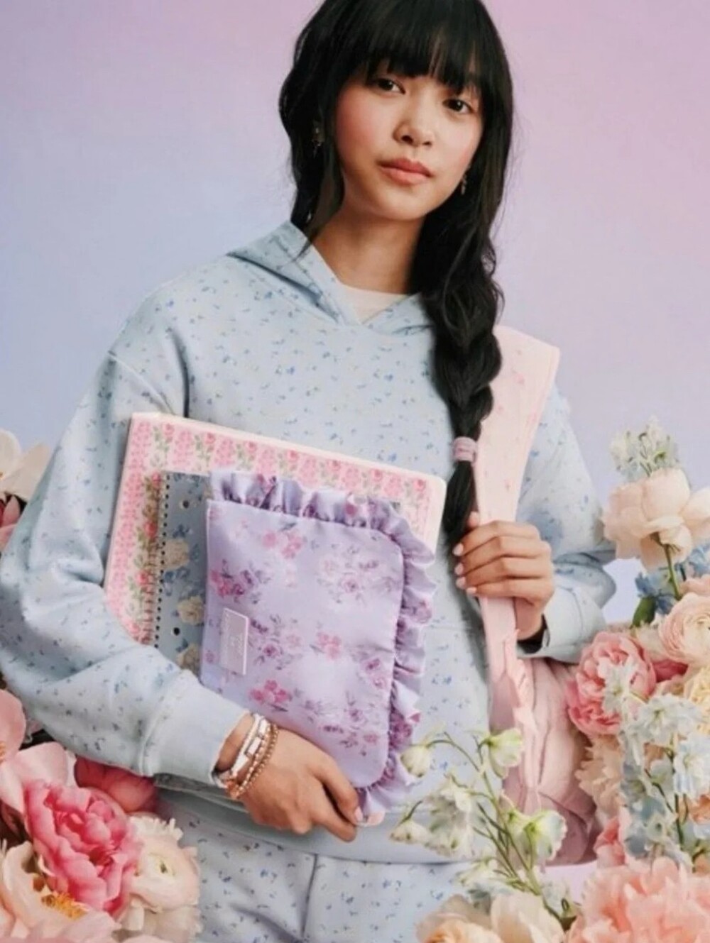 LoveShackFancy Sophia Everblooming Rosettes Ditsy French Terry Hooded Sweatshirt